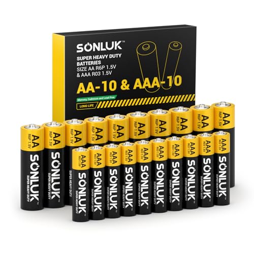 SONLUK AA Batteries 10 Pack & AAA Batteries 10 Pack Combo (20 Pack), 1.5V Heavy Duty Carbon Zinc High-Performance Battery, Mercury/Cadmium/Lead-Free, Perfect for Remote Controls, Toys & More